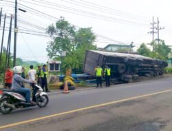 Truk Box Bermuatan Penuh Terperosok di Irigasi Jalan Raya Balenrejo Bojonegoro 